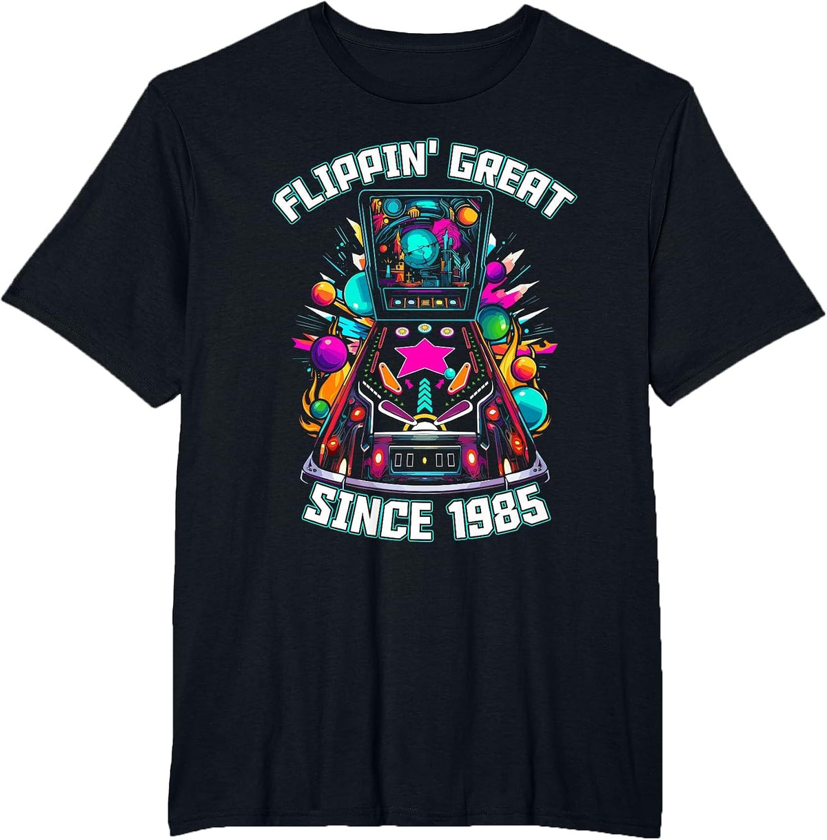 Retro Pinball Machine 1985 Birthday Tee T-Shirt - Black