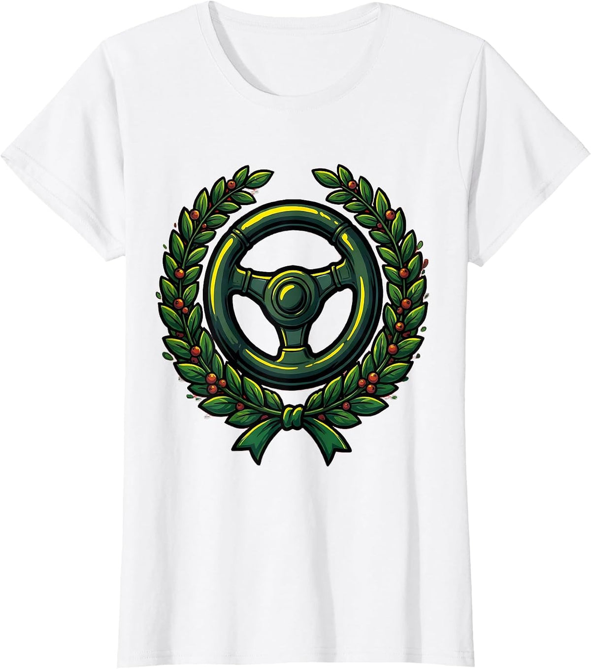School Bus Driver Laurel Wreath Steering Wheel T-Shirt - White