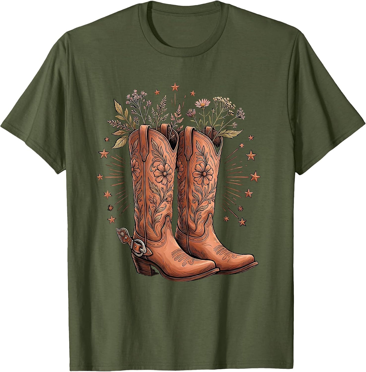 Cowgirl Boots Spurs and Stars Western Graphic T-Shirt - Olive Green