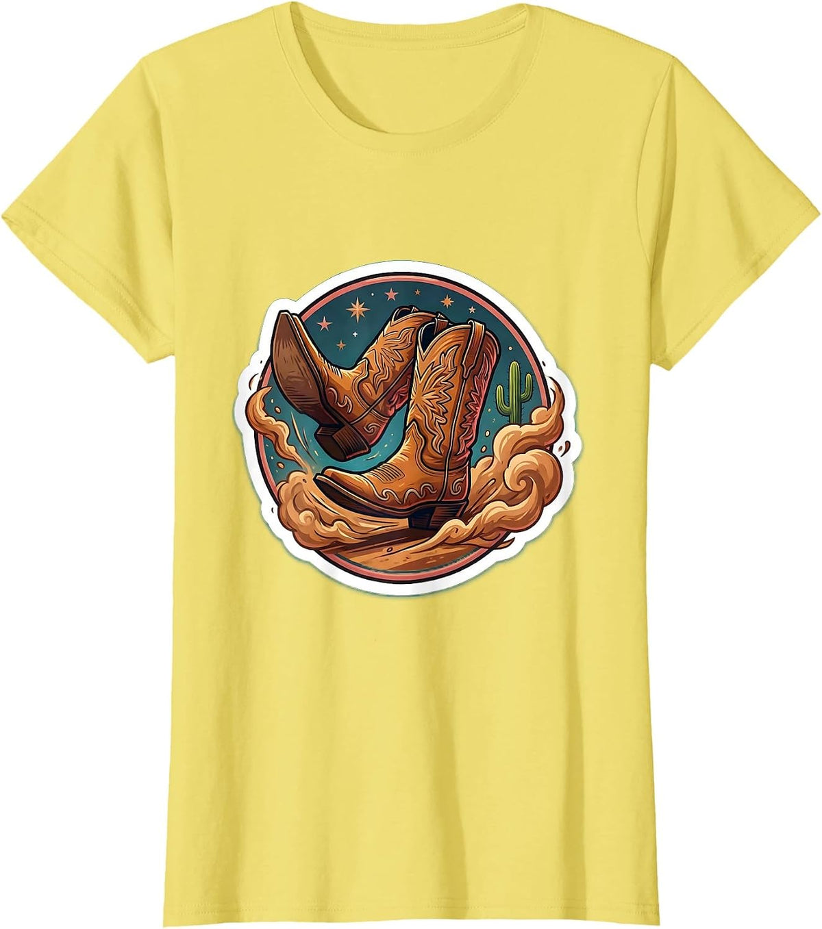 Women's Cowgirl Boots Kicking Up Dust Graphic Design T-Shirt - Lemon Yellow