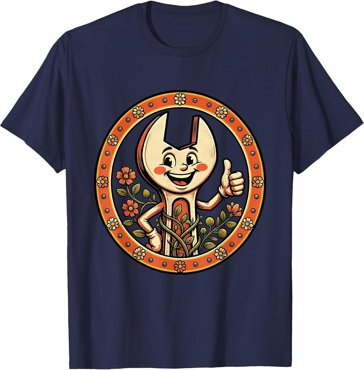 Floral Crescent Wrench Labor Day Graphic T-Shirt - Navy Blue