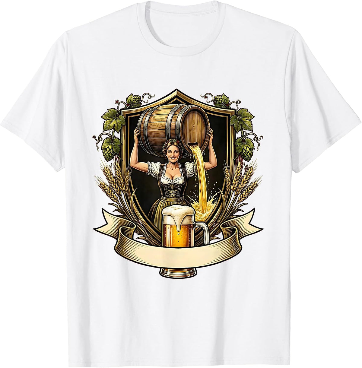 Men's Oktoberfest Beer Barrel Pouring Illustration T-Shirt - White