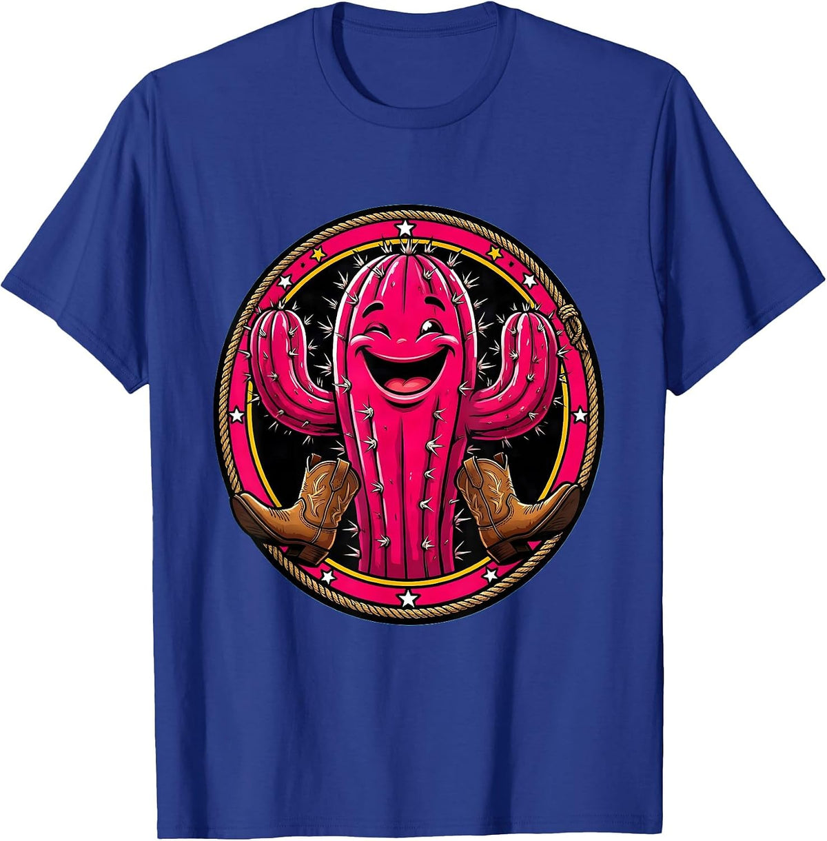 Pink Cactus Cowgirl Boots Western Desert Graphic T-Shirt - Royal Blue