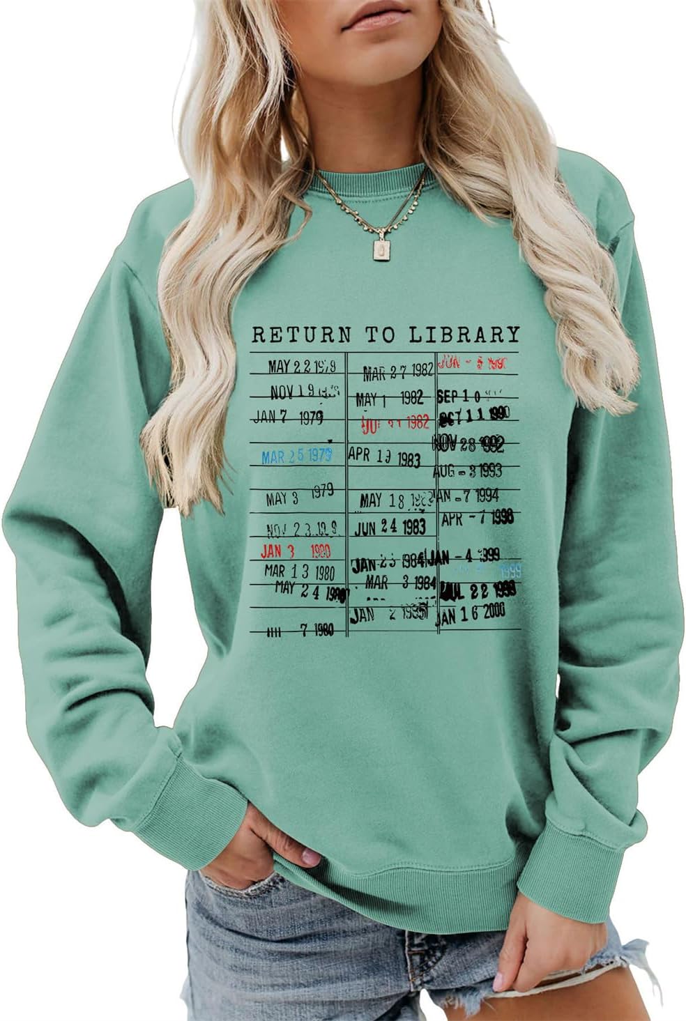 Return to Library Sweatshirt Women Book Crewneck Librarian Bookish Shirt Book Lover Tee Long Sleeve Teacher Tops - Green