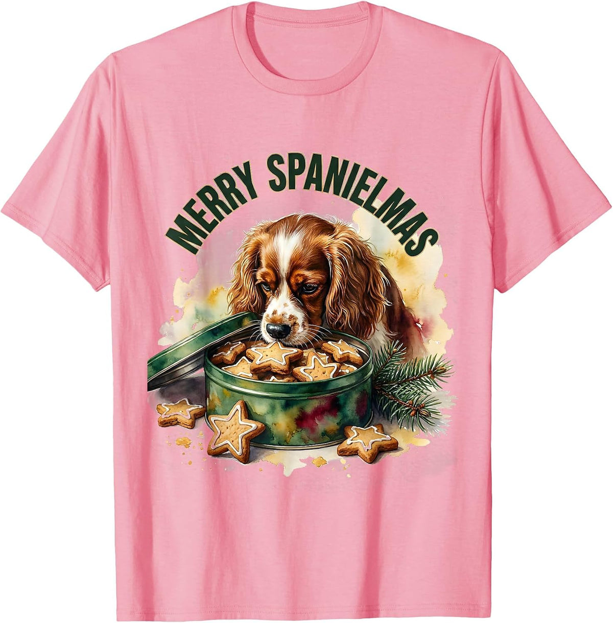 Men's Merry Spanielmas Watercolor Christmas Dog Lover Holiday T-Shirt - Pink