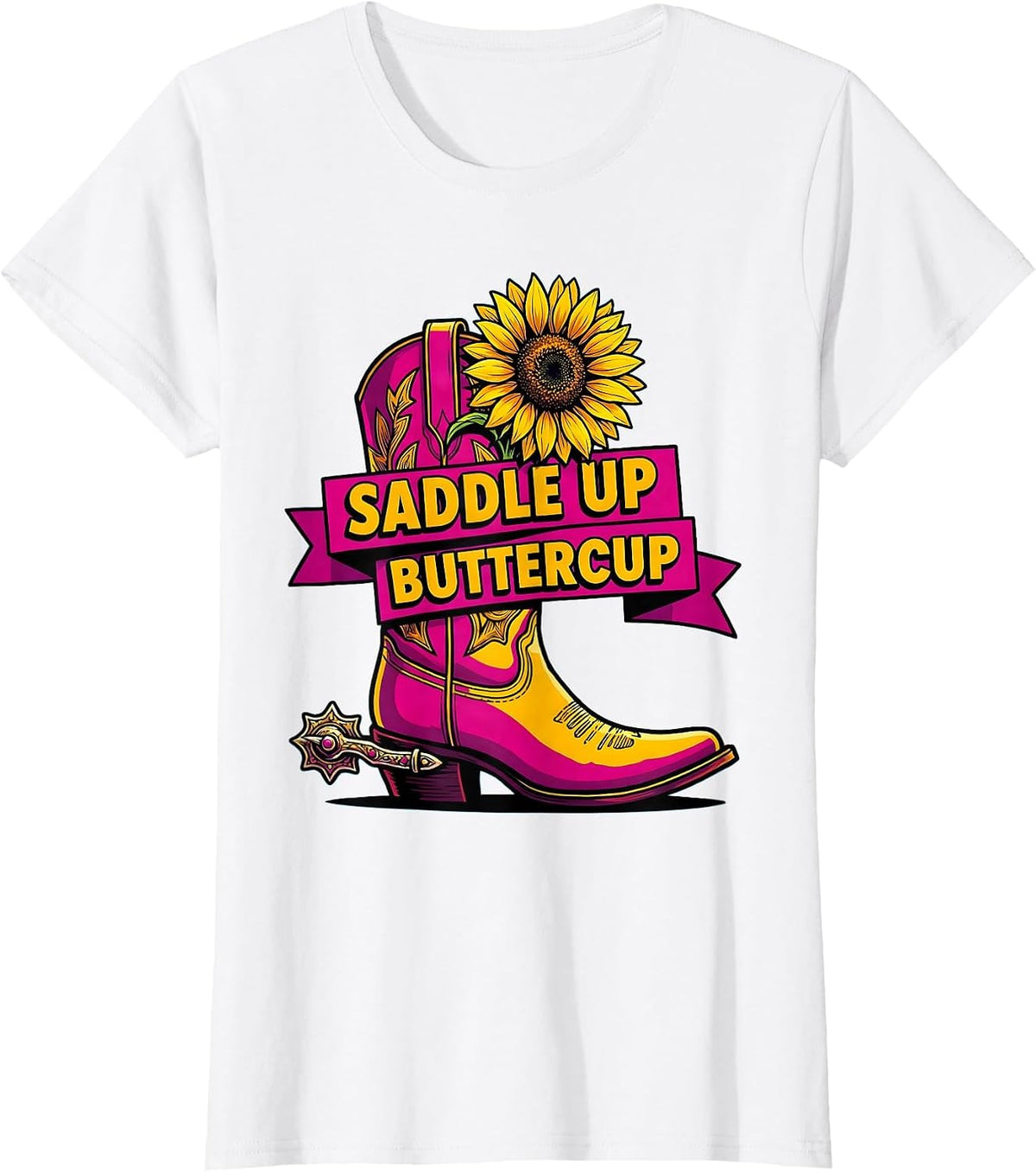 Women's Saddle Up Buttercup Cowgirl Western Design T-Shirt - White
