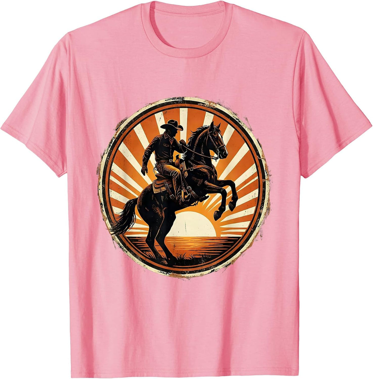 Men's Cowboy Silhouette Sunset Horseback Riding Design T-Shirt - Pink