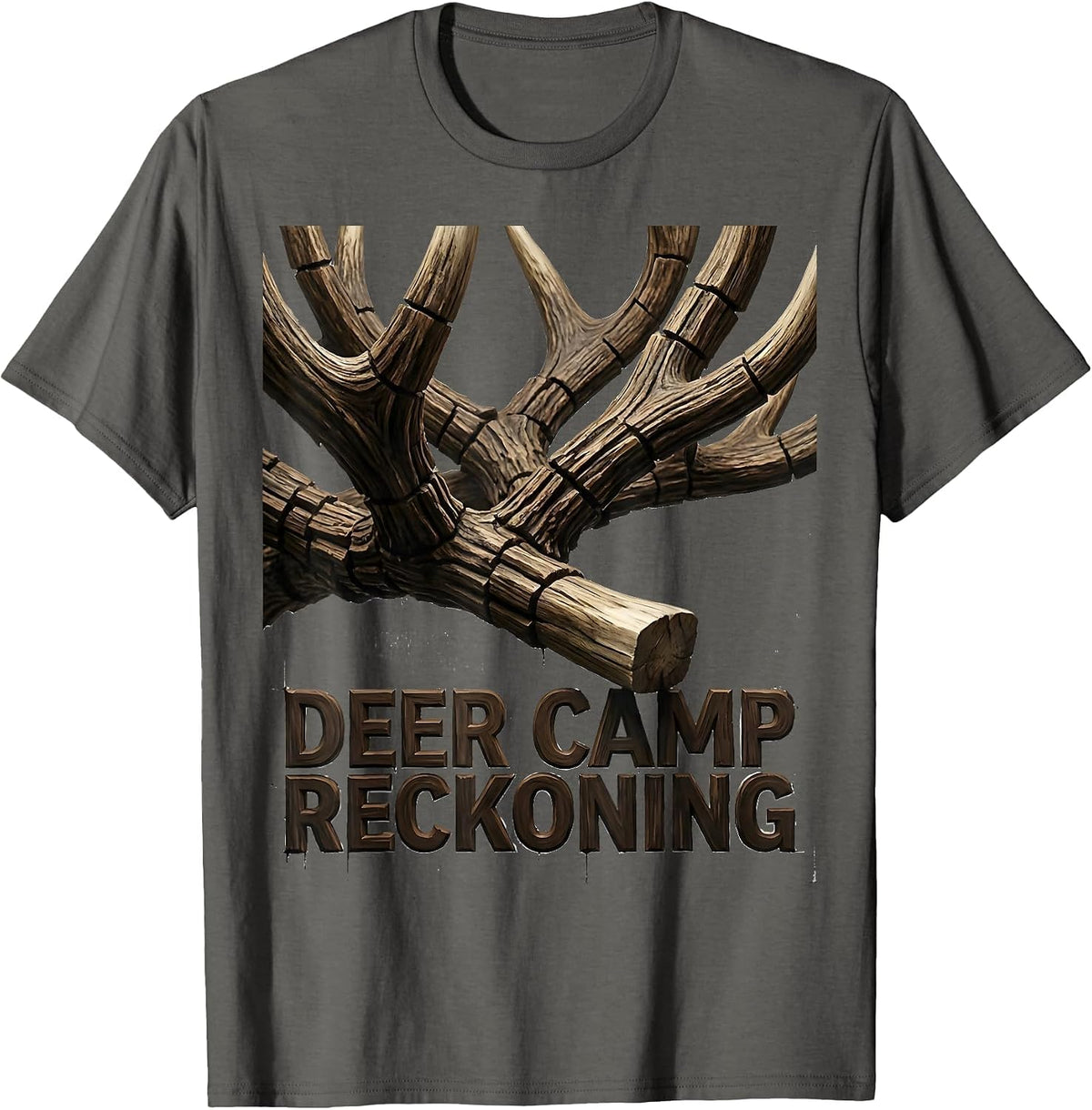 Deer Camp Reckoning Wood Type Letterpress Camo Deer Hunting T-Shirt - Asphalt Grey