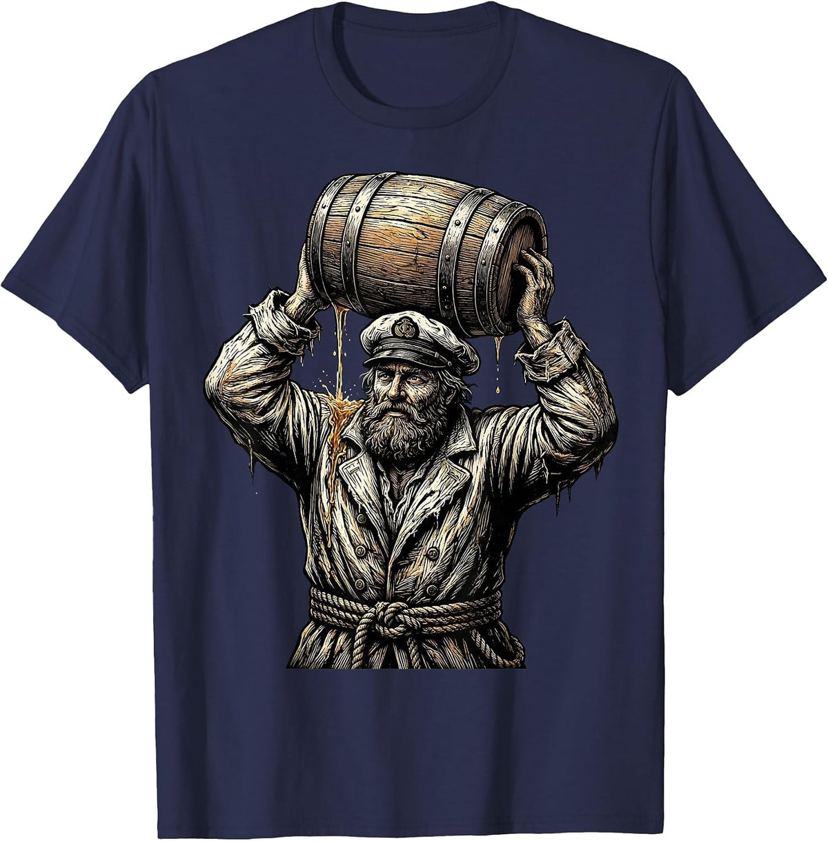Grizzled Sailor Drinking from Wooden Keg T-Shirt - Navy Blue