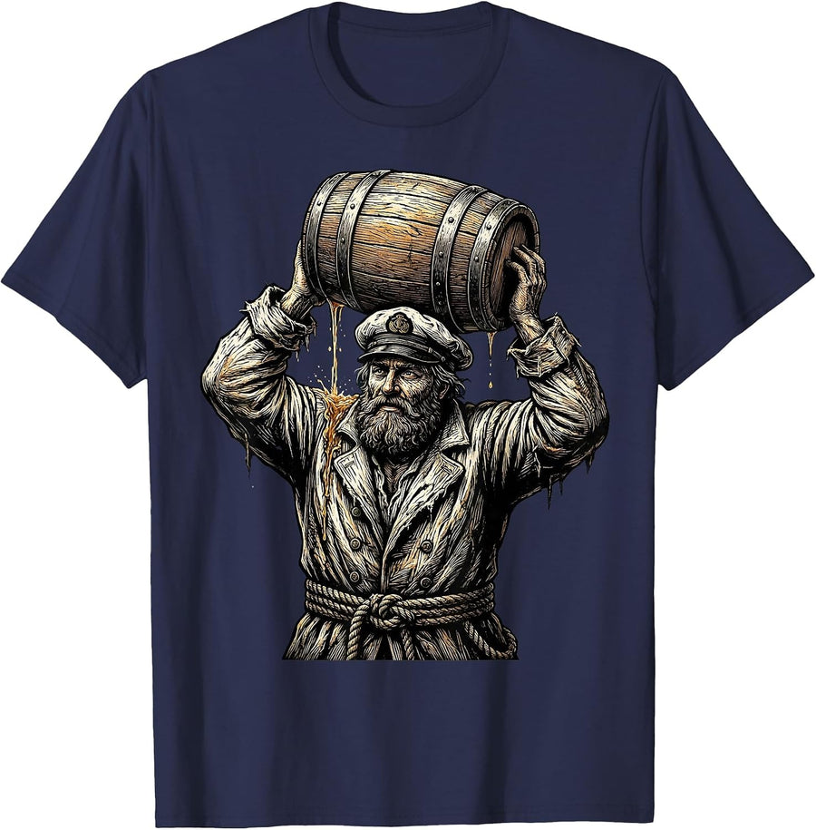 Grizzled Sailor Drinking from Wooden Keg T-Shirt - Navy Blue