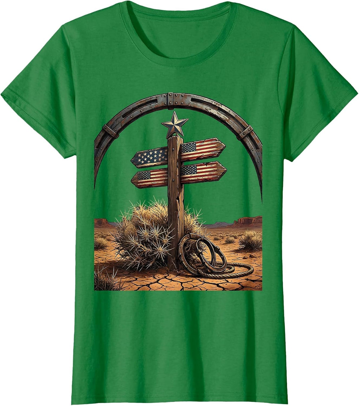Women's Country Music Tumbleweed Rolling Past Old Signpost T-Shirt - Kelly Green