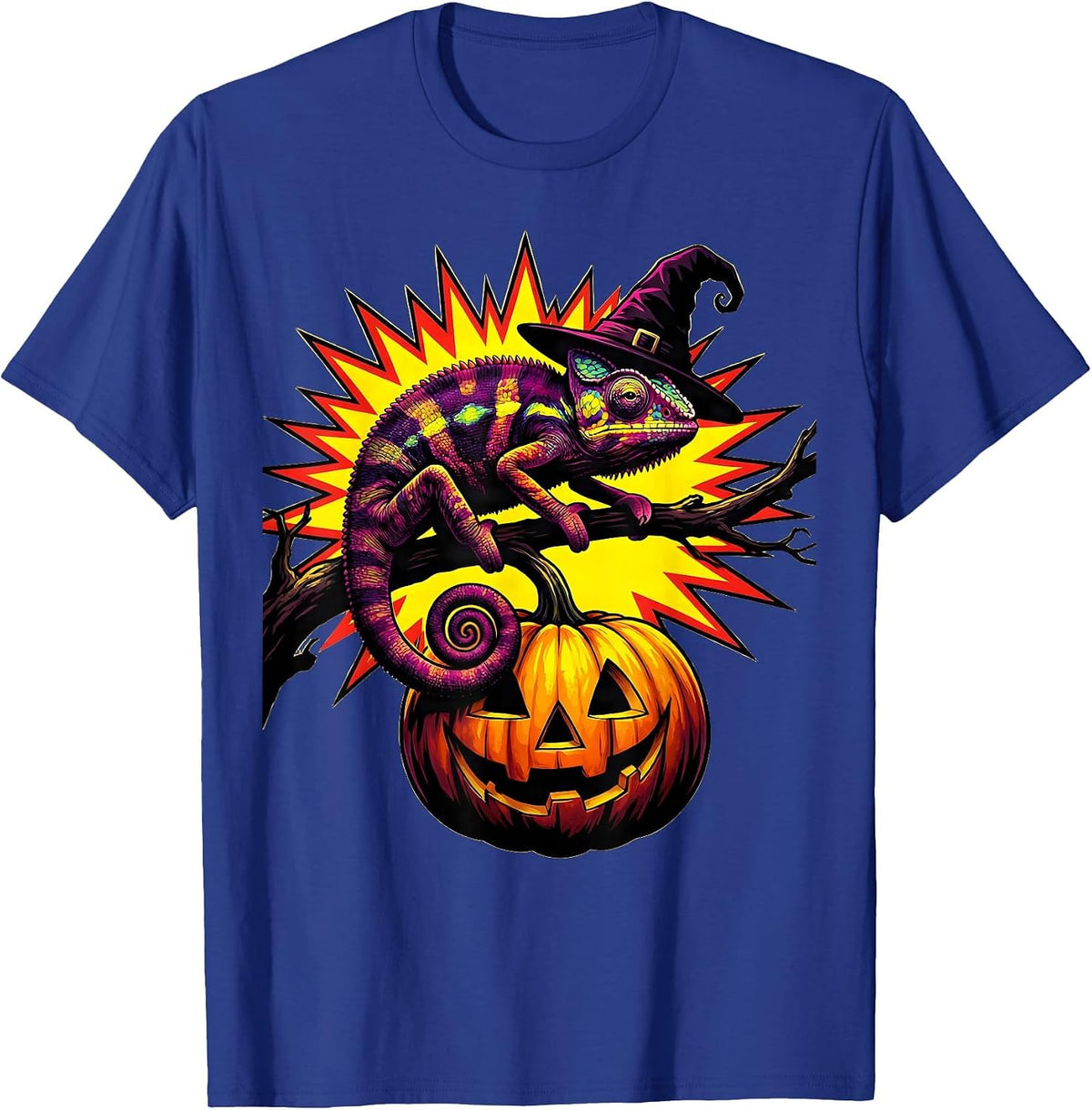 Cheerful Chameleon Halloween Witch Hat Pumpkin Pop Art T-Shirt - Royal Blue