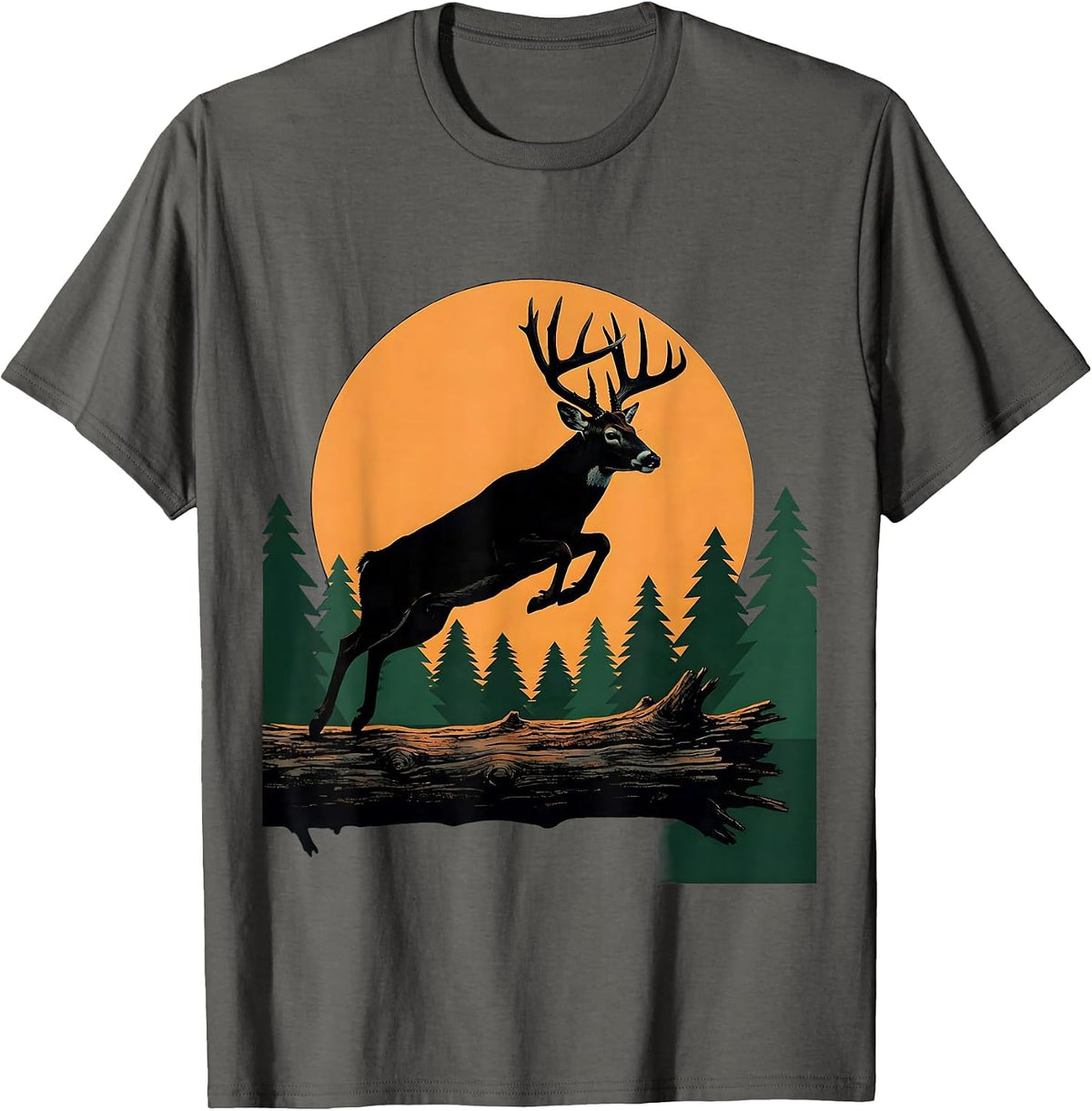 Men's Whitetail Deer Leaping Over Fallen Log T-Shirt - Asphalt Grey