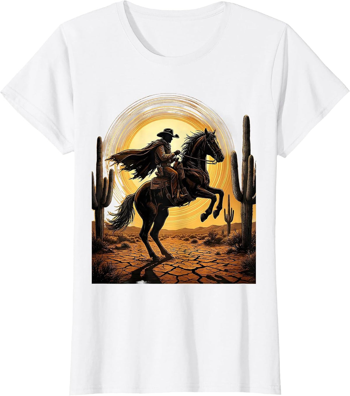 Cowboy Silhouette Desert Sun Western Graphic T-Shirt - White