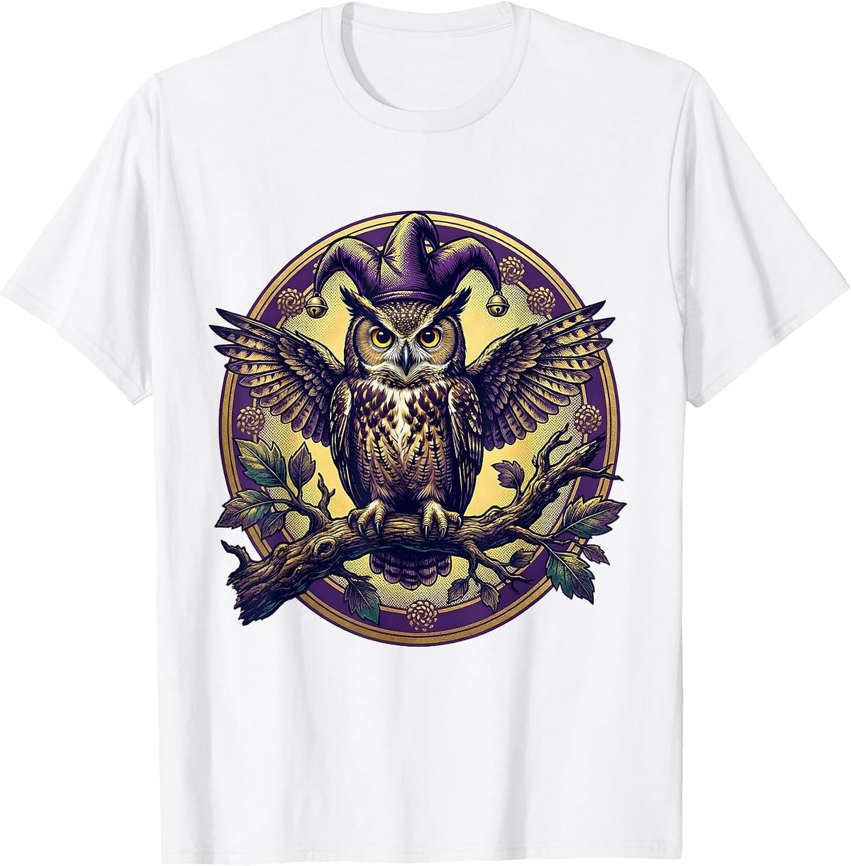 Men's Mardi Gras Owl Jester Hat Oak Branch Design T-Shirt - White