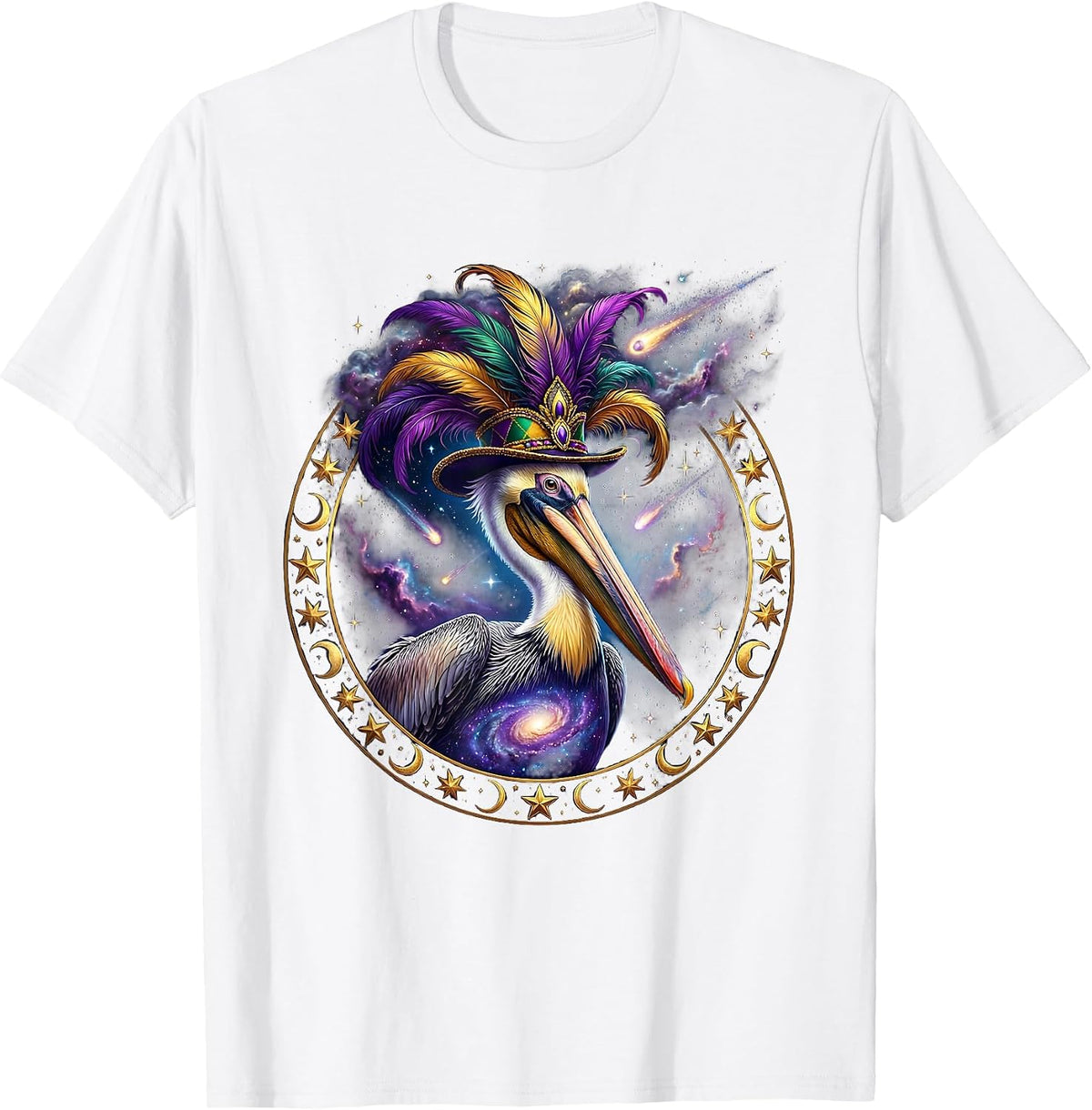 Men's Mardi Gras Pelican Feathered Hat Festive Design T-Shirt - White