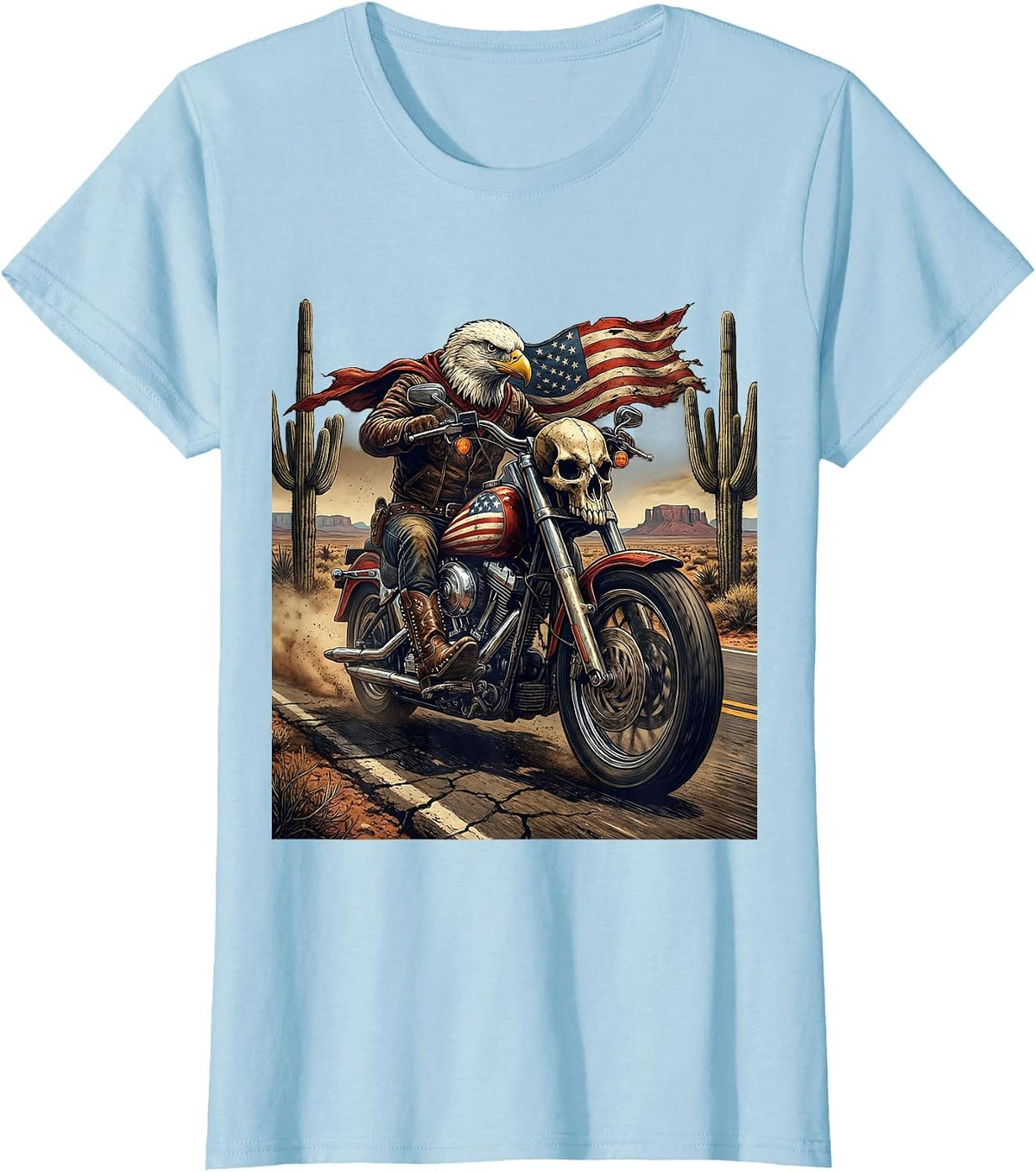 Motorcycle Rider Open Desert Road Graphic Tee T-Shirt - Baby Blue