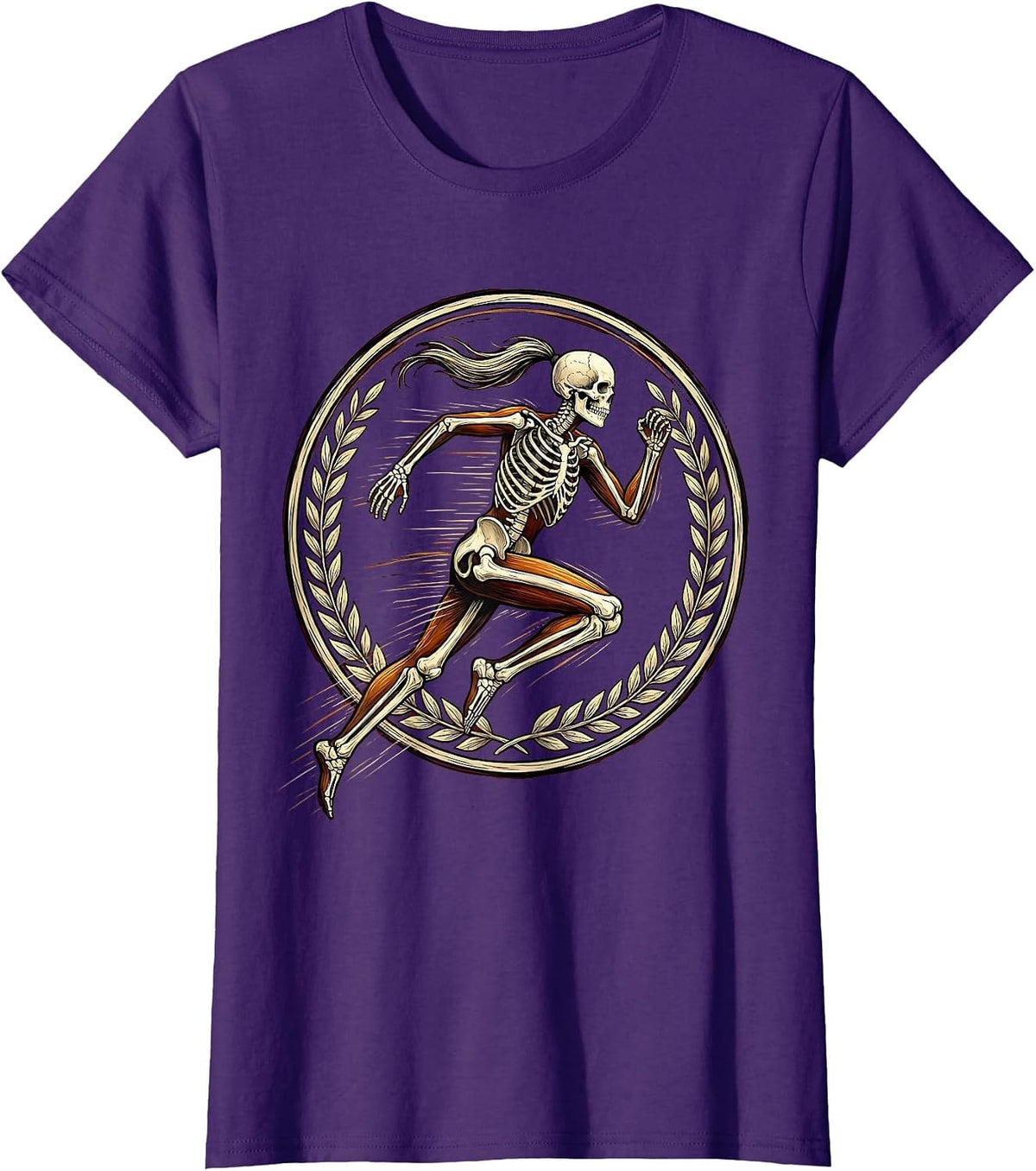 Women's Skeleton Runner Ponytail Flying Graphic Tee T-Shirt - Purple