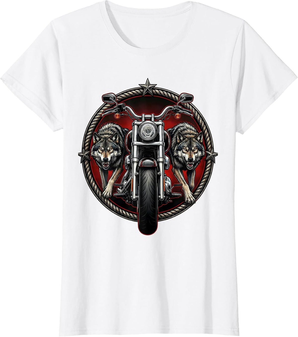 Women's Wolf Pack and Motorcycle Biker Graphic T-Shirt - White