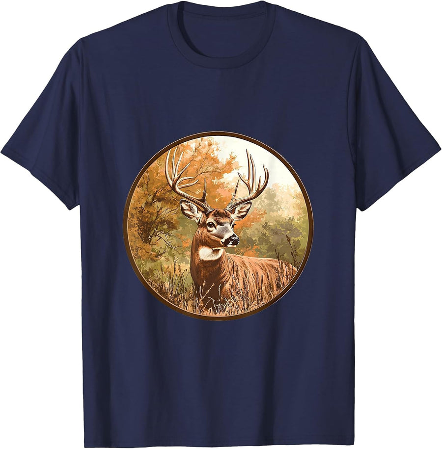 Vintage Whitetail Buck Deer Retro Graphic Design for Hunters T-Shirt - Navy Blue