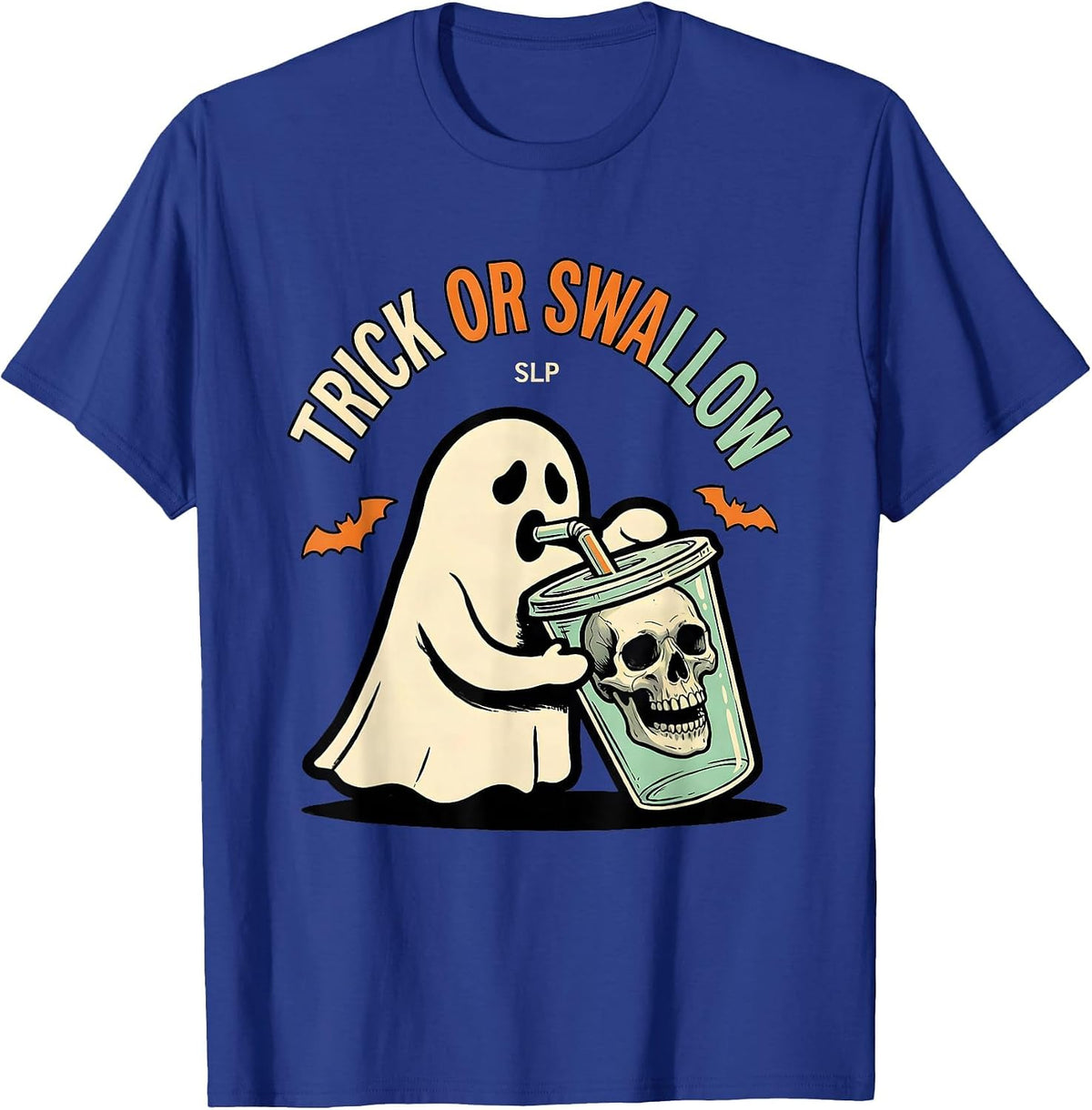 Trick Or Swallow SLP Funny Physical Therapy Halloween Ghost T-Shirt - Royal Blue