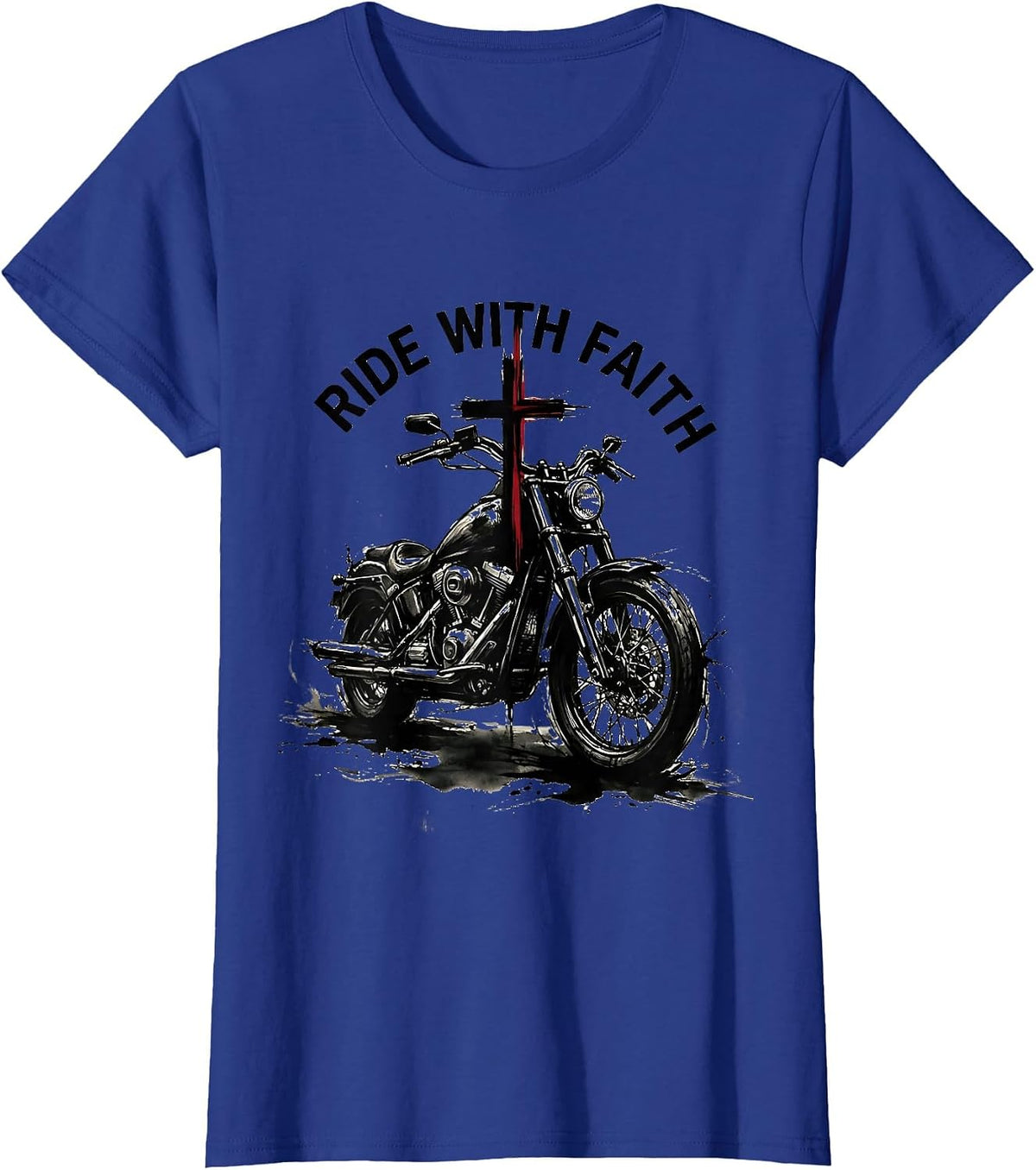 Women's Ride With Faith Motorcycle Cross Religious Design T-Shirt - Royal Blue