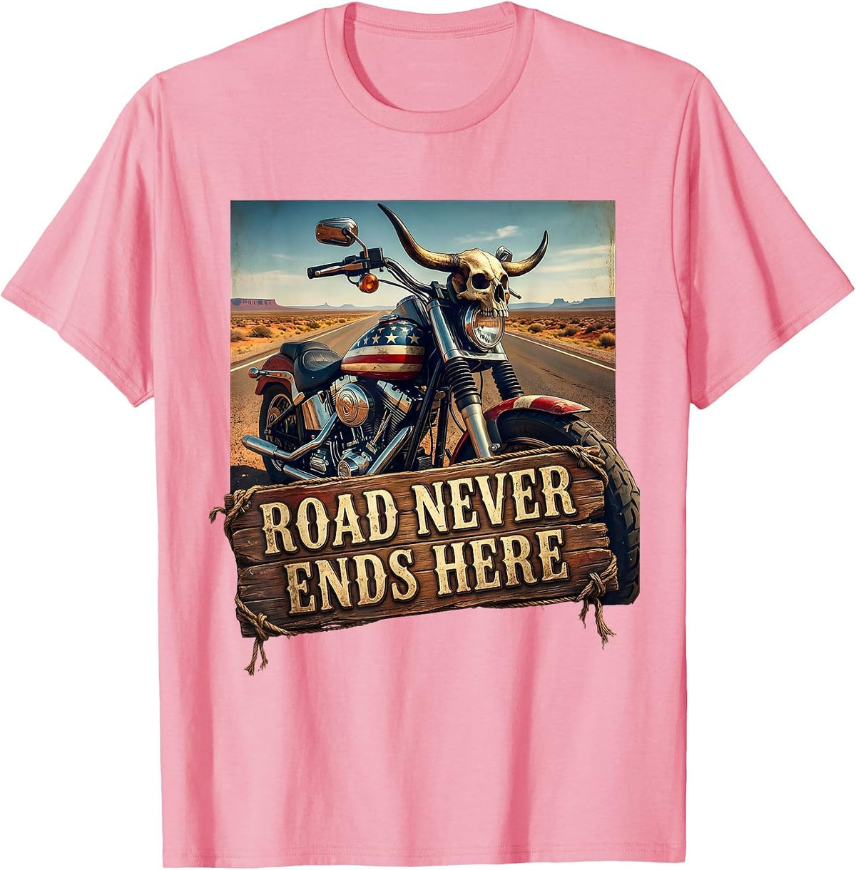 Men's Road Never Ends Here Motorcycle Rider Design T-Shirt - Pink