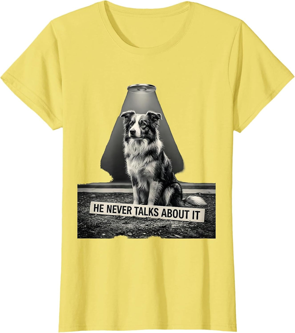He Never Talks About It Funny Border Collie Alien UFO T-Shirt - Lemon Yellow