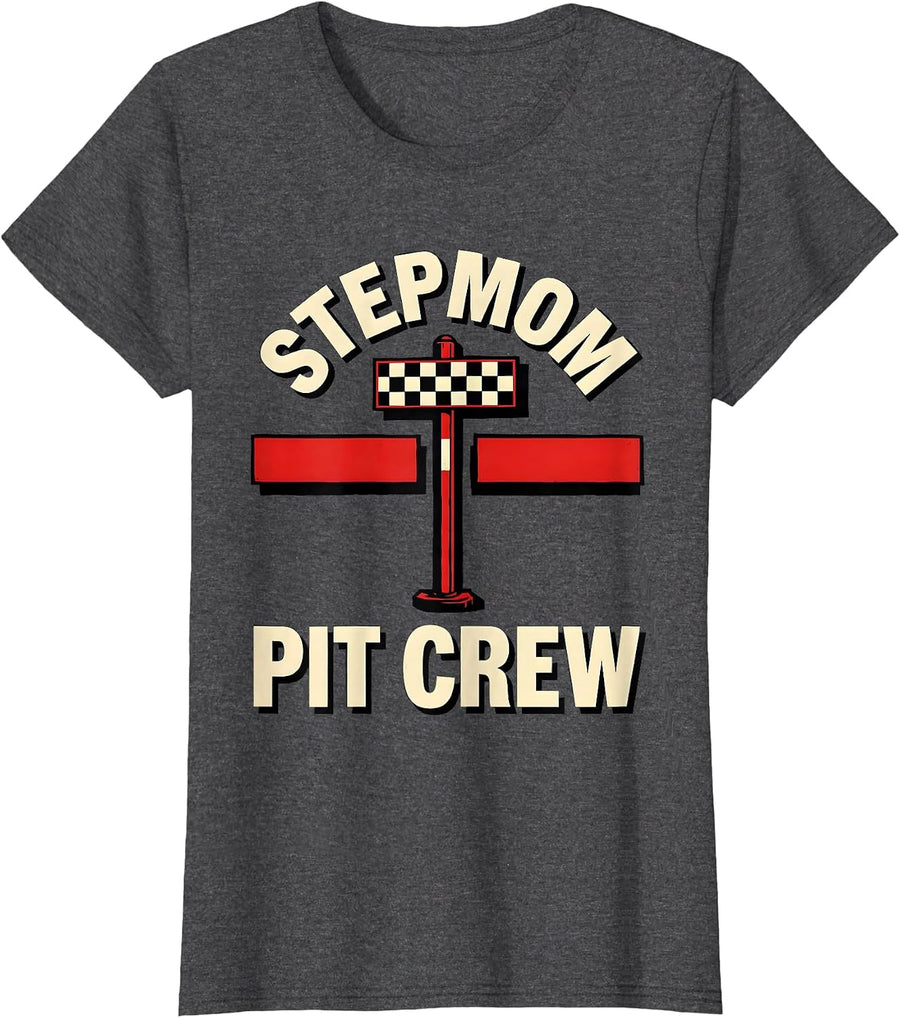 Women's Stepmom Pit Crew Race Car Birthday Family Matching Party T-Shirt - Dark Heather Grey