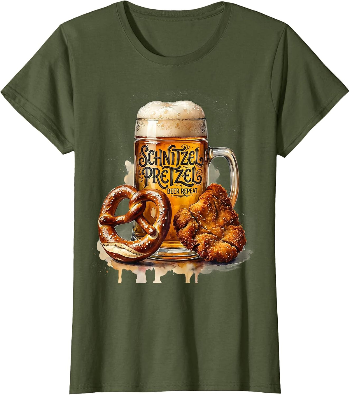 Women's Schnitzel Pretzel Beer Repeat Oktoberfest Design T-Shirt - Olive Green