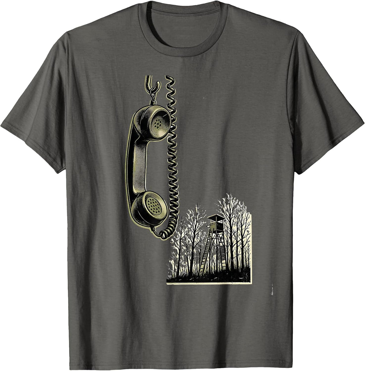 Dangling Phone Cord Hunting Stand Deer Hunter Dad Humor T-Shirt - Asphalt Grey