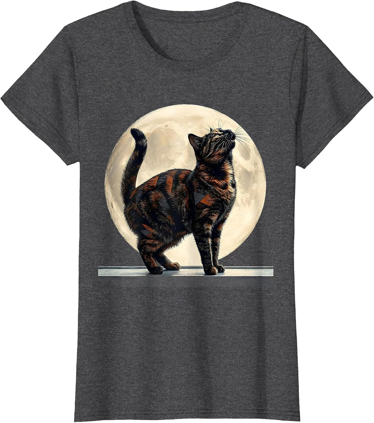 Women's Tortoiseshell Cat Howling at Moon 90's Retro Novelty T-Shirt - Dark Heather Grey