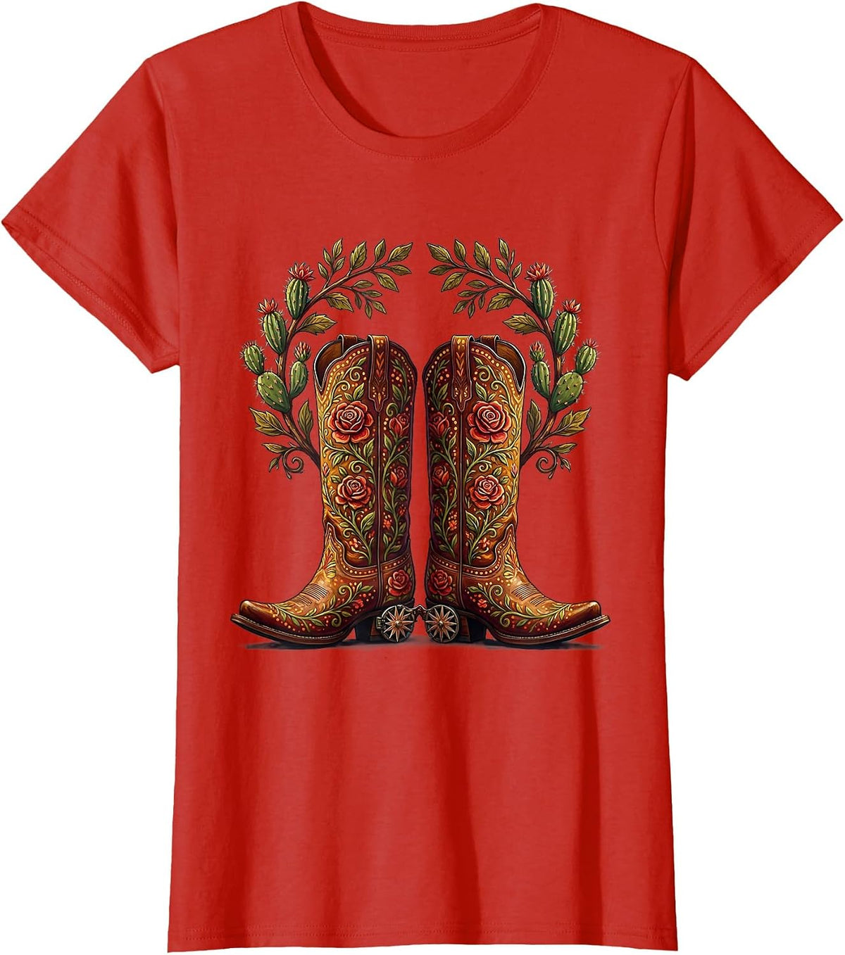 Western Boots Spurs and Desert Roses Graphic T-Shirt - Red