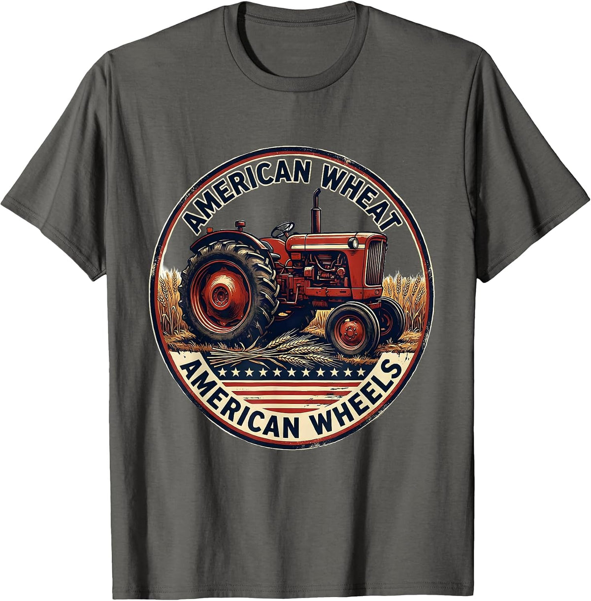 Men's American Wheat American Wheels Patriotic Farmer Tractor T-Shirt - Asphalt Grey