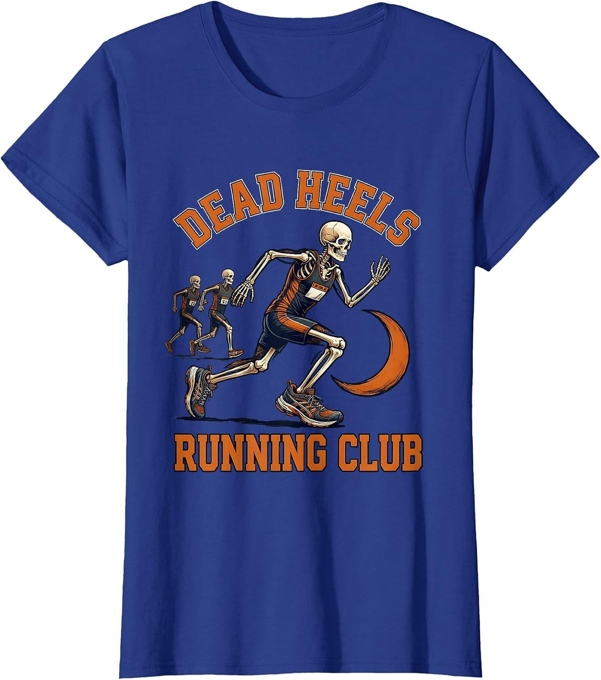 Women's Dead Heels Running Club Funny Skeleton Halloween Runner T-Shirt - Royal Blue
