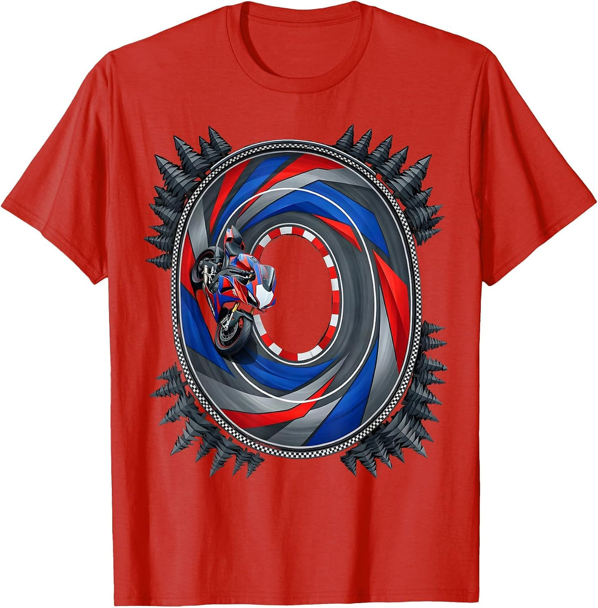 Men's Mountain Road Pine Forest Aerial Motorcycle Design T-Shirt - Red