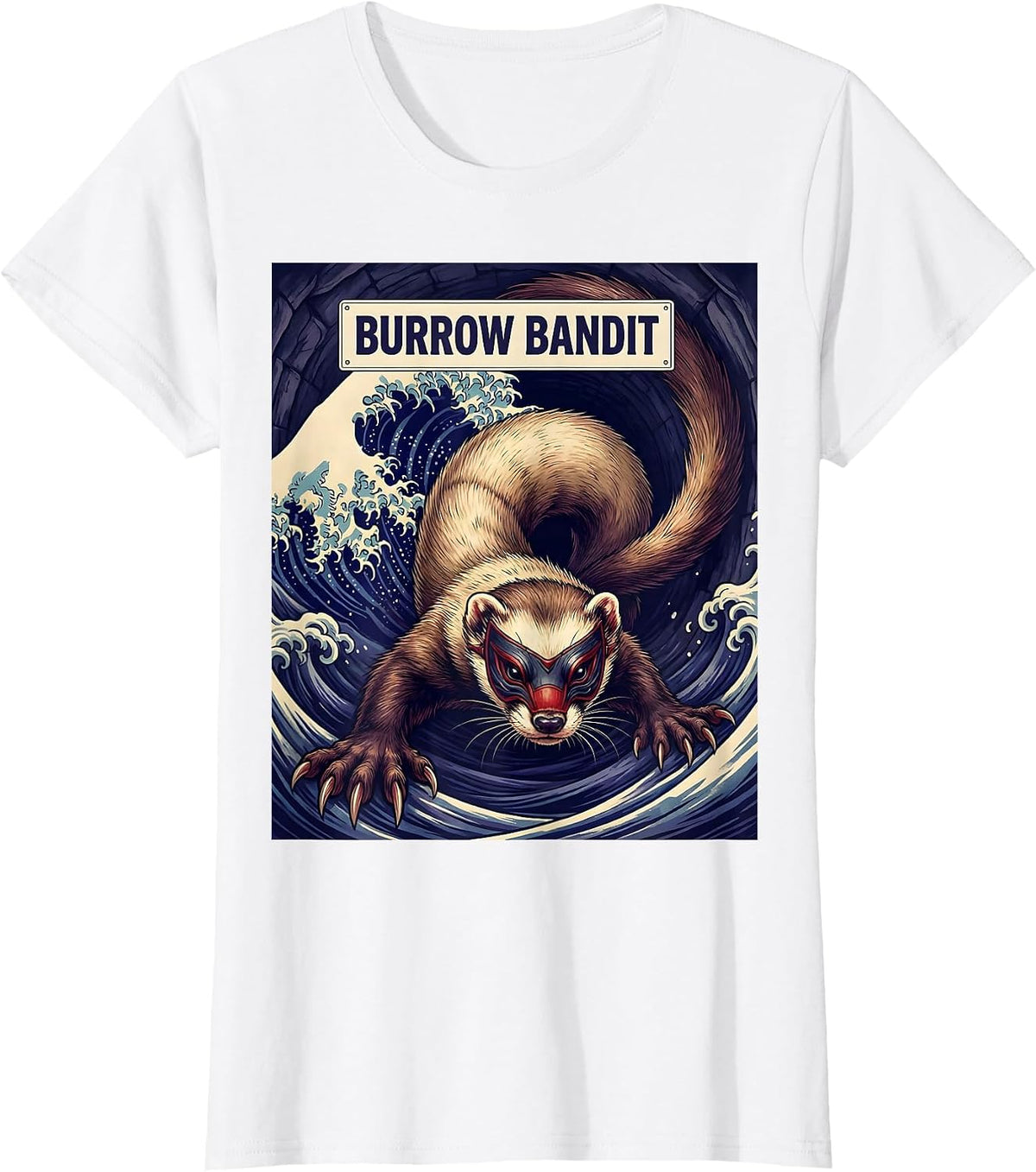 Burrow Bandit Ukiyo-e Ferret Lover Funny Pet Humor T-Shirt - White