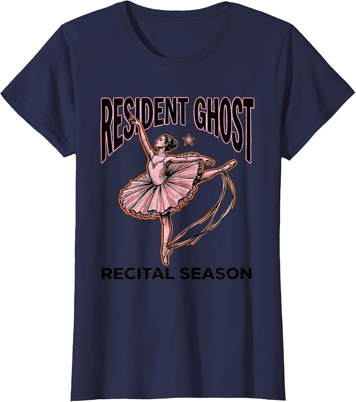 Women's Resident Ghost Recital Season Cute Ghost Ballerina Halloween T-Shirt - Navy Blue