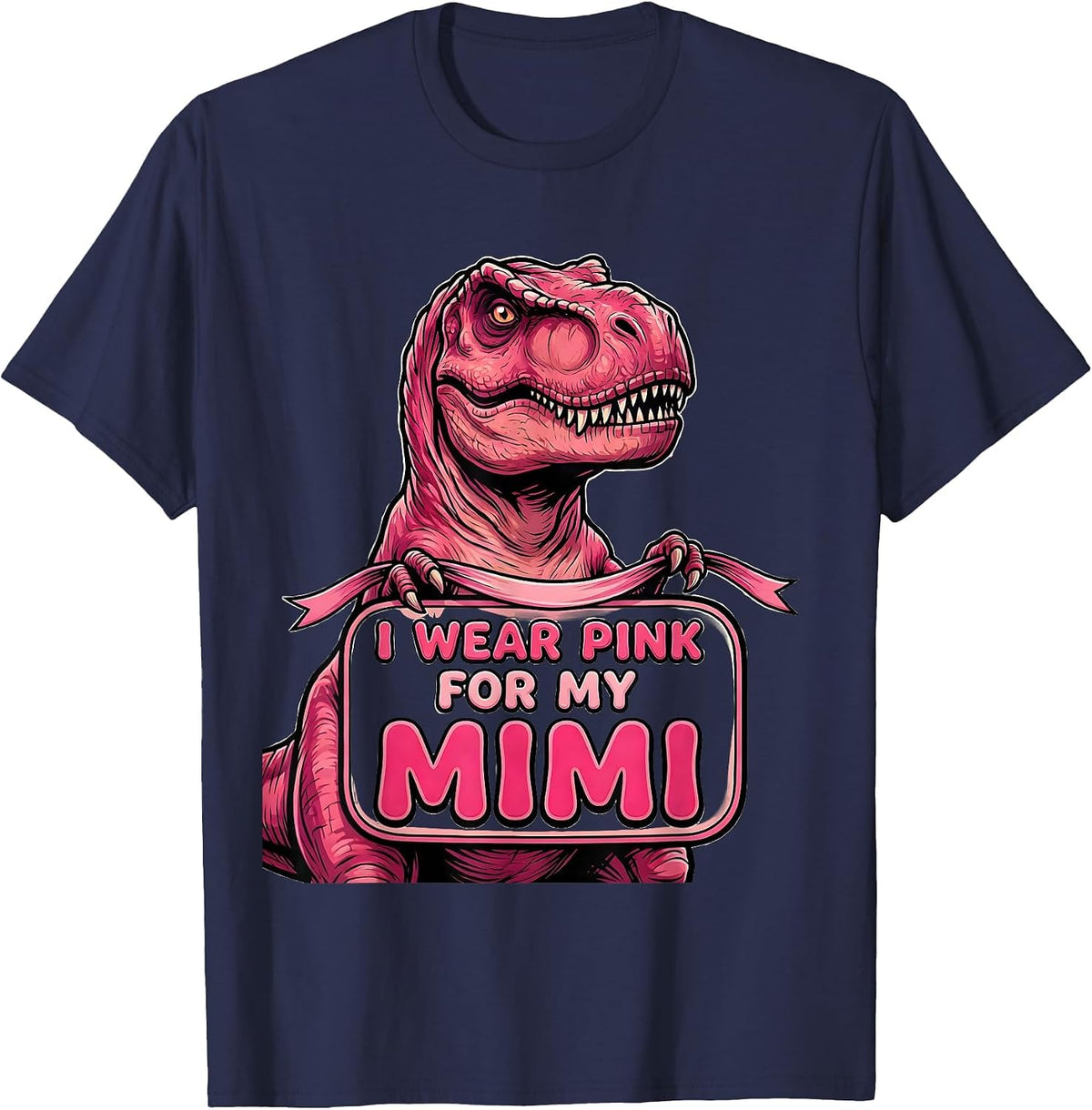 Men's I Wear Pink For My Mimi Pink Dinosaur Family Tribute Breast T-Shirt - Navy Blue