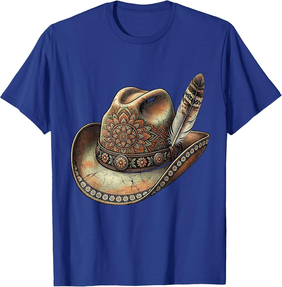 Men's Cowboy Hat Turquoise Band and Feather Graphic T-Shirt - Royal Blue