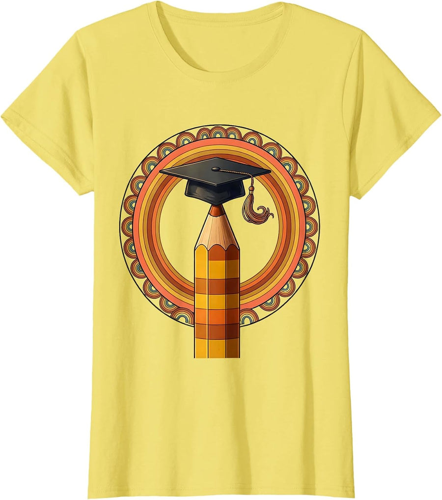 Women's Sped Teacher Graduation Cap Pencil Illustration T-Shirt - Lemon Yellow