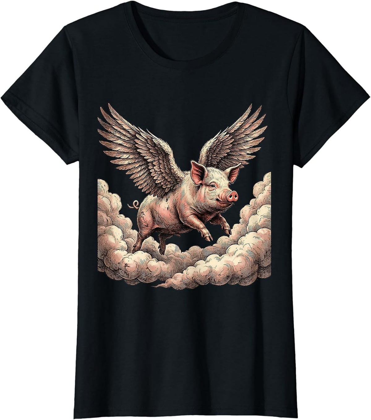 Winged Pig Flying Through the Clouds T-Shirt - Black
