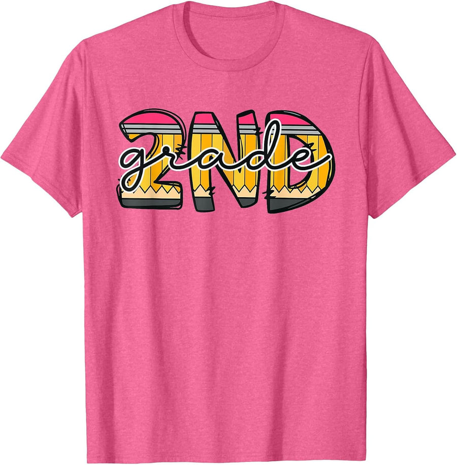 Second Grade Teacher Pencil Back to School Boys Girls T-Shirt - Pink Heather
