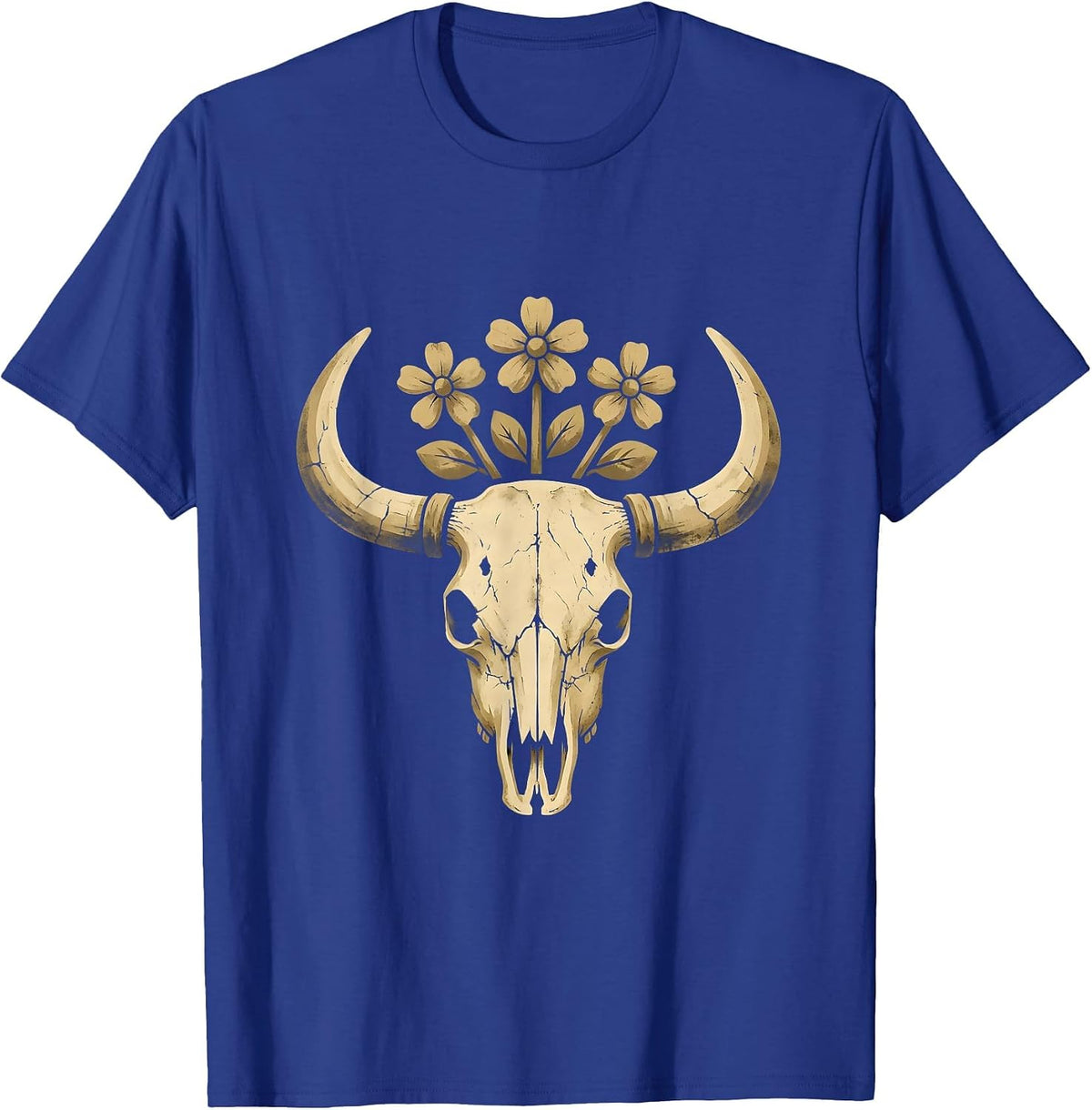 Cow Skull Wild Prairie Flowers 90s Country T-Shirt - Royal Blue