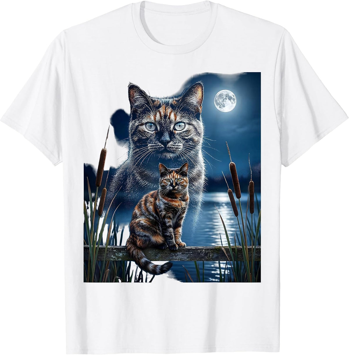 Men's Tortoiseshell Cat Moonlit 90s Retro Portrait T-Shirt - White