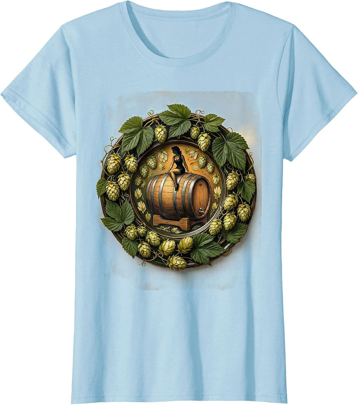 Women's Pin-Up Girl Riding Giant Beer Barrel Graphic T-Shirt - Baby Blue