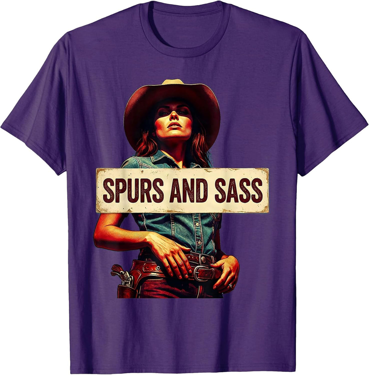 Spurs and Sass Cowgirl Graphic Design T-Shirt - Purple