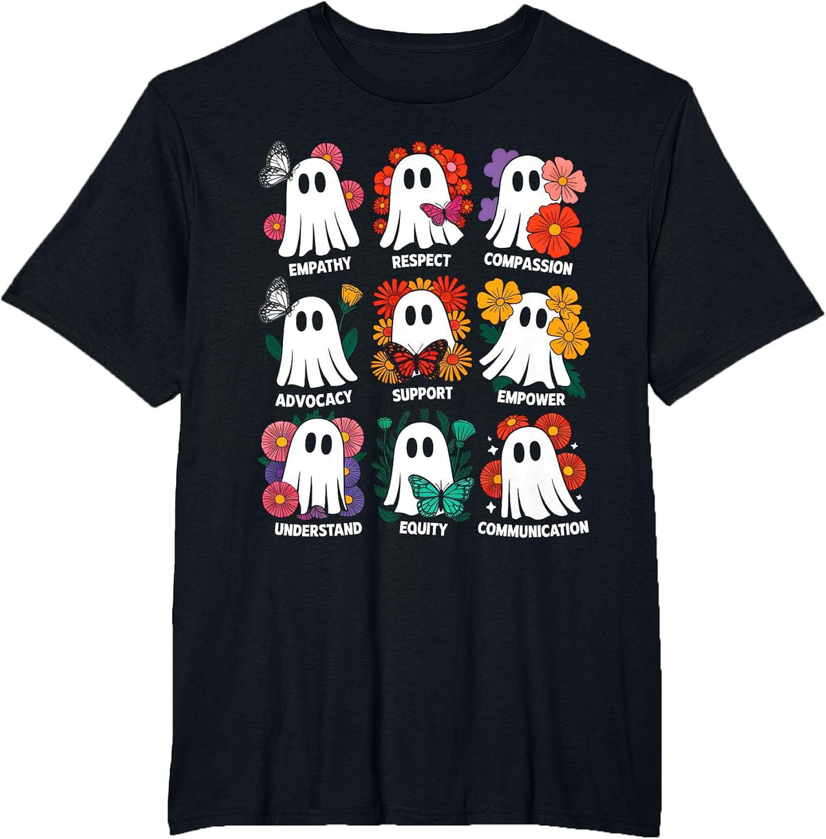 Cute Ghost Floral Social Worker Halloween Retro Social Work T-Shirt - Black