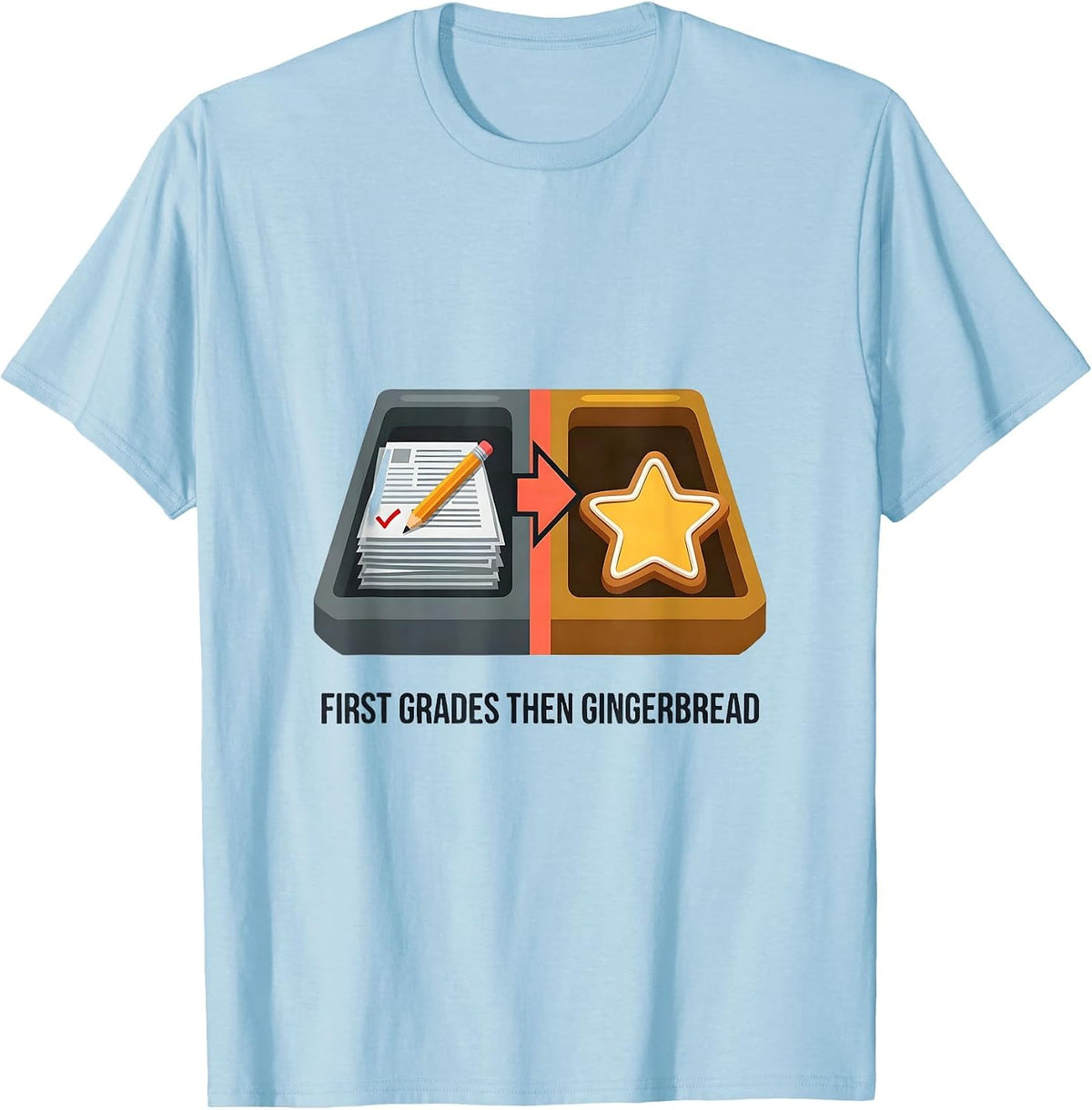 Men's First Grades Then Gingerbread Funny Teacher Christmas Break T-Shirt - Baby Blue