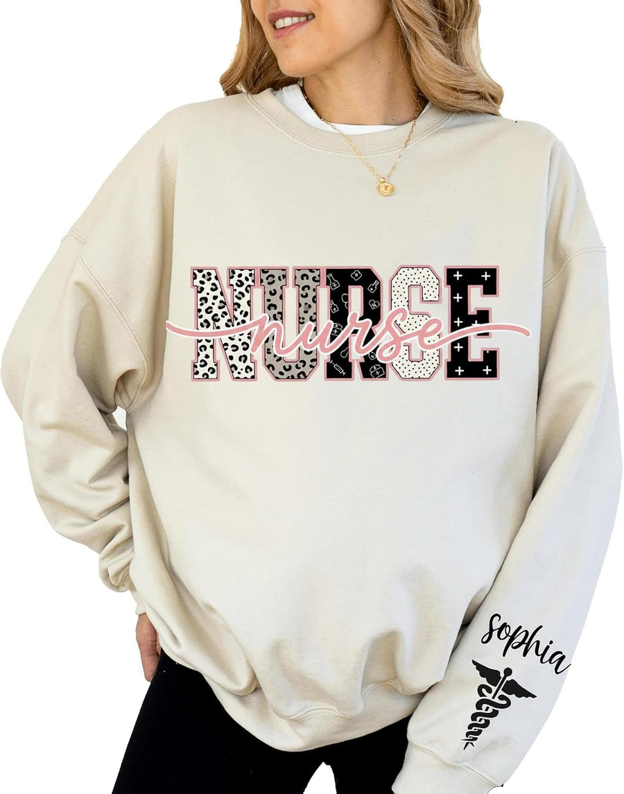 Custom Leopard Nurse Sweatshirt, Personalized Nurse Shirt with Name, RN, LPN, CNA, NICU Shirt, Nurse Gifts - Nurse Sweashirt